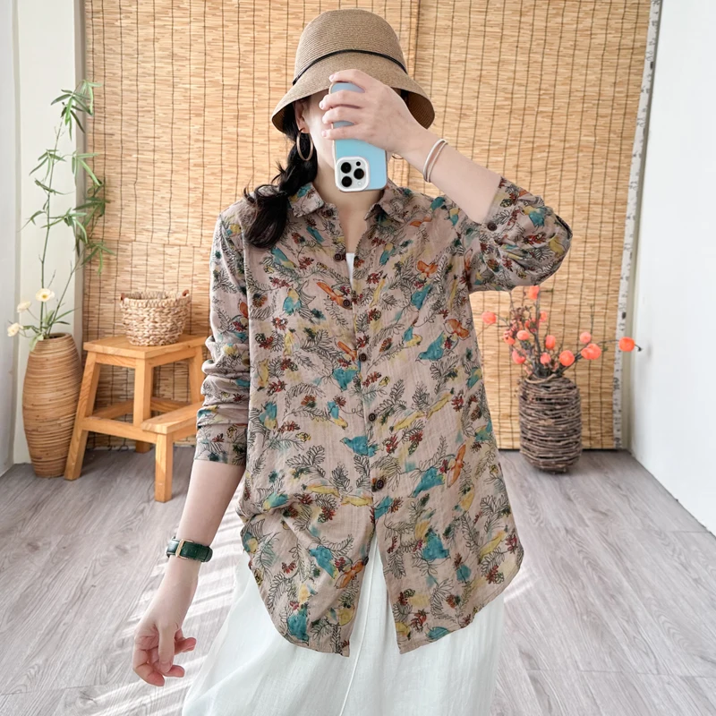 

Женский льняной топ из хлопка и льна с цветочным принтом в стиле ретро, тонкая модель, утягивающий топ, универсальный открытый кардиган, длинный свек, повседневный it