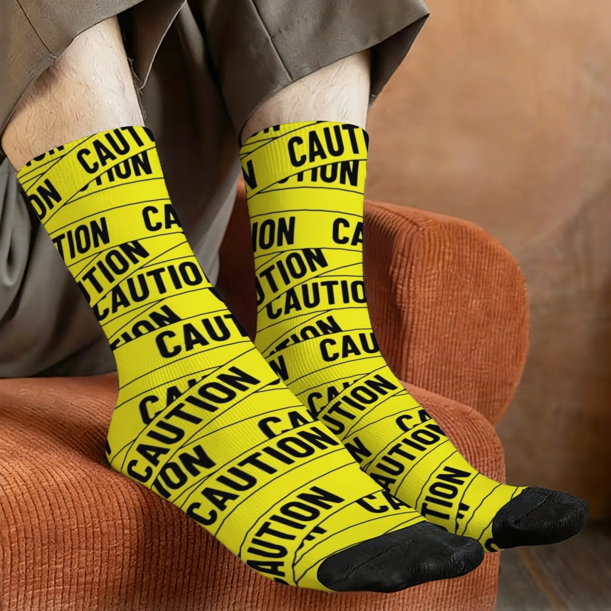 Novelty Yellow and Black Warning Tape Print Men's Socks, Harajuku Retro Street Style, Funny Trendy Casual Socks Crazy Party Gift