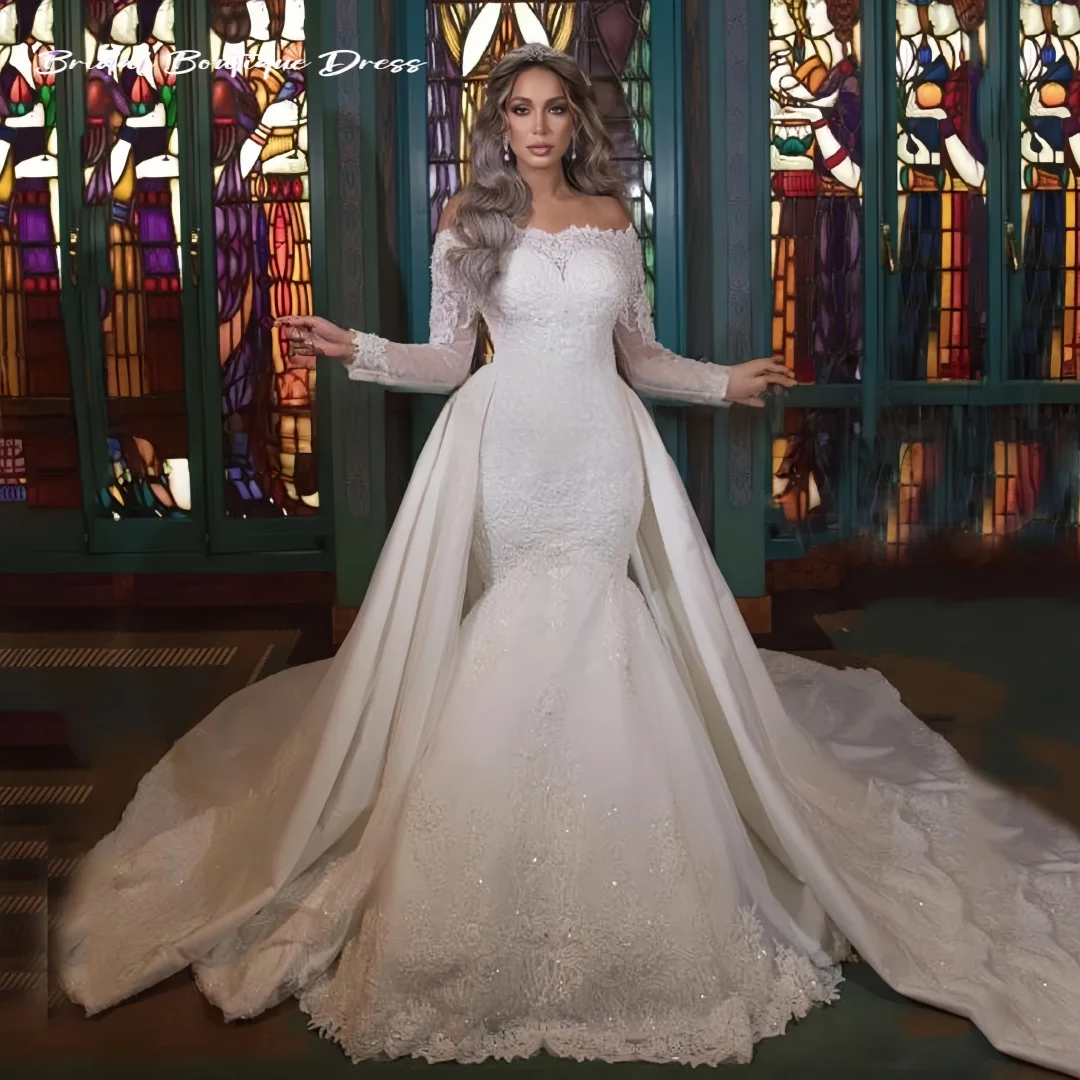 Robe de mariée personnalisée en dentelle brillante, col rond, avec des Appliques, Sexy, sirène, traîne de balayage détachable, à lacets