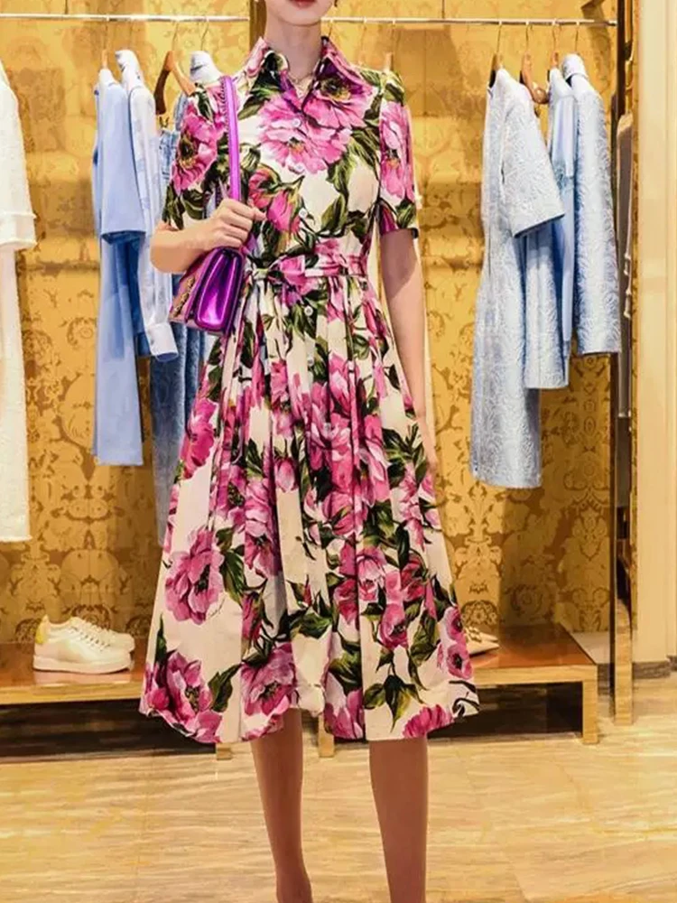

Fashion single-breasted short-sleeved flower print dress Summer women's new belt waist swing long dress