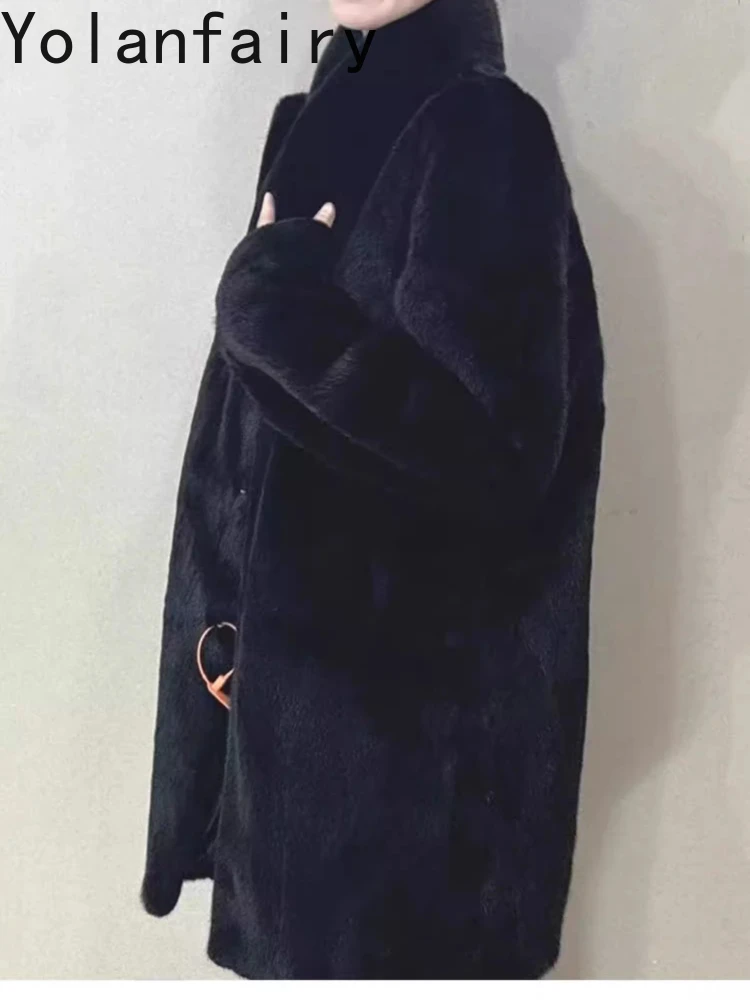 YOLANFAIRY Real Fur Coat Woman Luxury 2025 Winter Mid-length Elegant Natural Whole Mink Fur Jacket Women Fashion Black Fur Coats