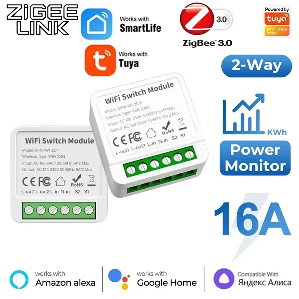 Wifi ZigBee commutateur intelligent Mini 16A/20A relais Alexa Google Home télécommande commande vocale bricolage retard disjoncteur intelligent 2 voies