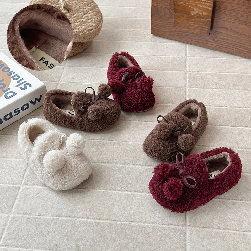 

Girls Ballet Flats 2025 Winter Luxury Manmade Mink Fur Warm Plush Mary Jane Shoe Children's Comfortable Non Slip Cotton Shoes