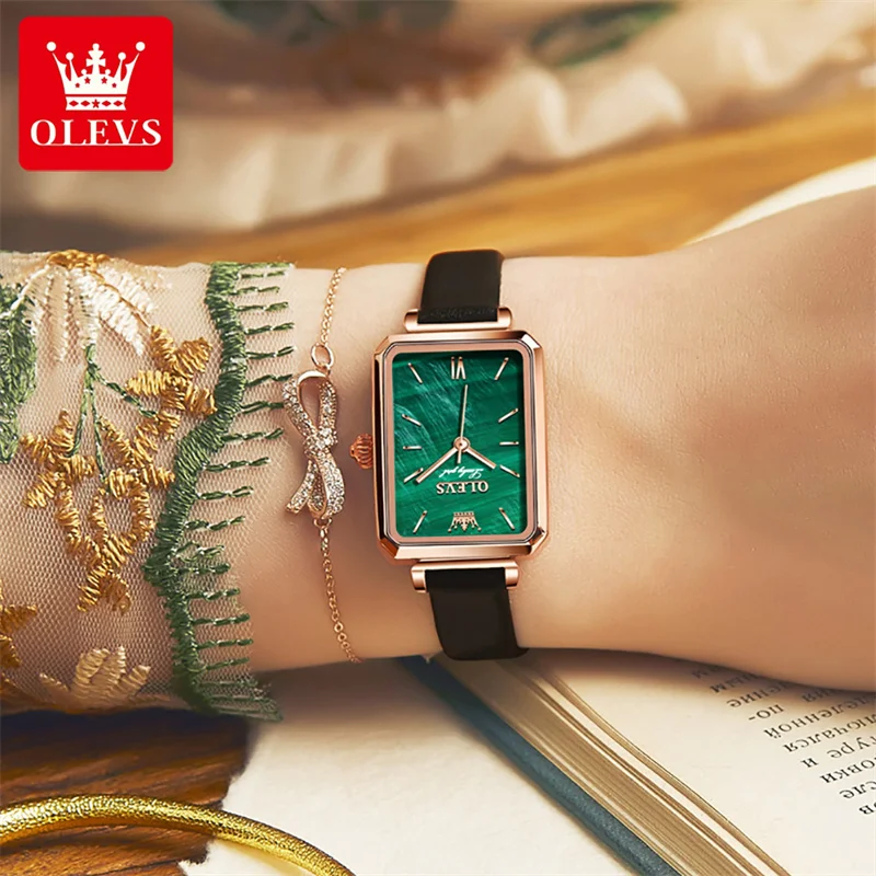 OLEVS New Fashion Rectangular Dial Green Quartz Watch for Women Leather Strap Womens Watches Top Brand Luxury Relogio Feminino