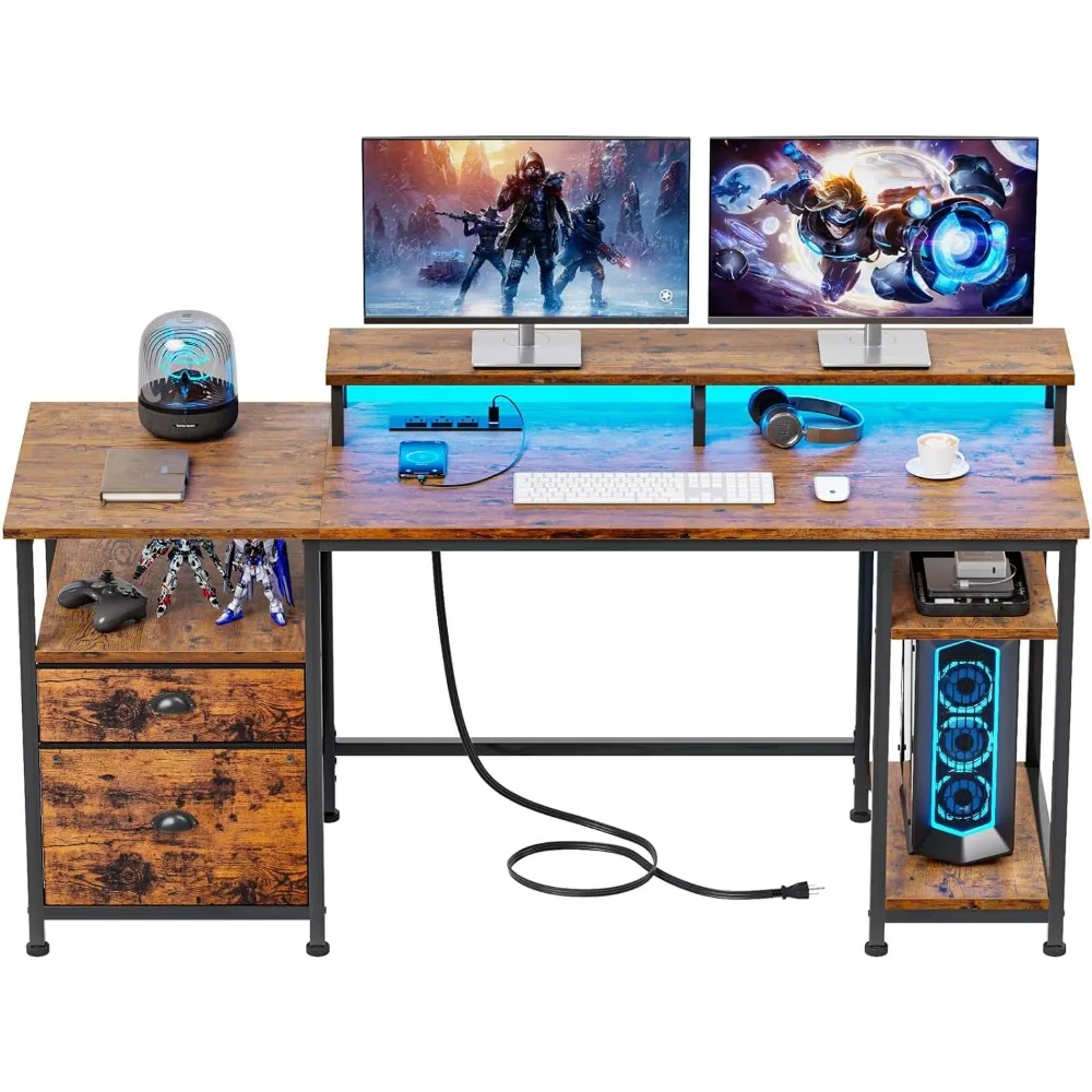 

61 Inch Computer Desk Writing Study Table With Fabric Filing Cabinets and Long Monitor Stand With Power Socket and USB Port Game