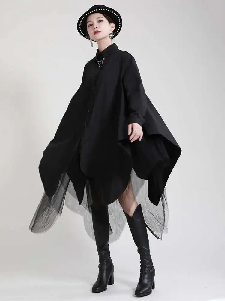Women Black Irregular Hem Big Size Shirt Dress New Lapel Long Sleeve Loose Fit Fashion Tide Spring Autumn