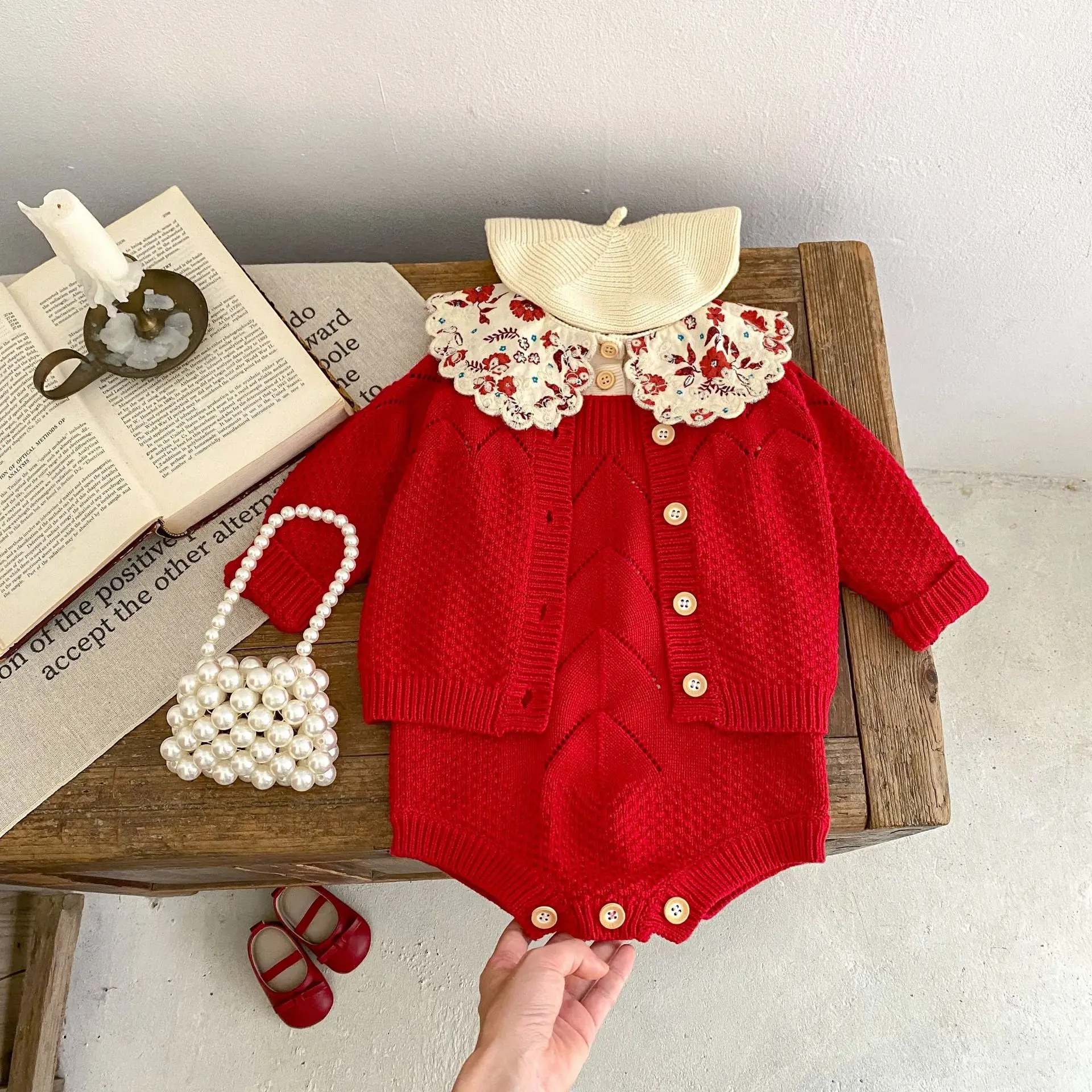 Spring Outfit Baby Girl Hollow Knit Jacket+Solid Color Suspender Knit Sweater 2 Pieces Can Be Sorted