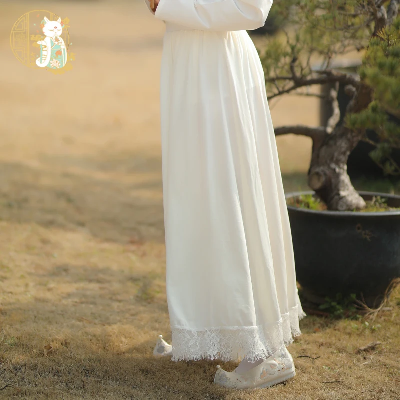 

Белая юбка Q7 в стиле Ханьфу с кружевной отделкой, внутренняя подкладка для предотвращения просвечивания, повседневная, непрозрачная, полупрозрачная юбка-полусолнце