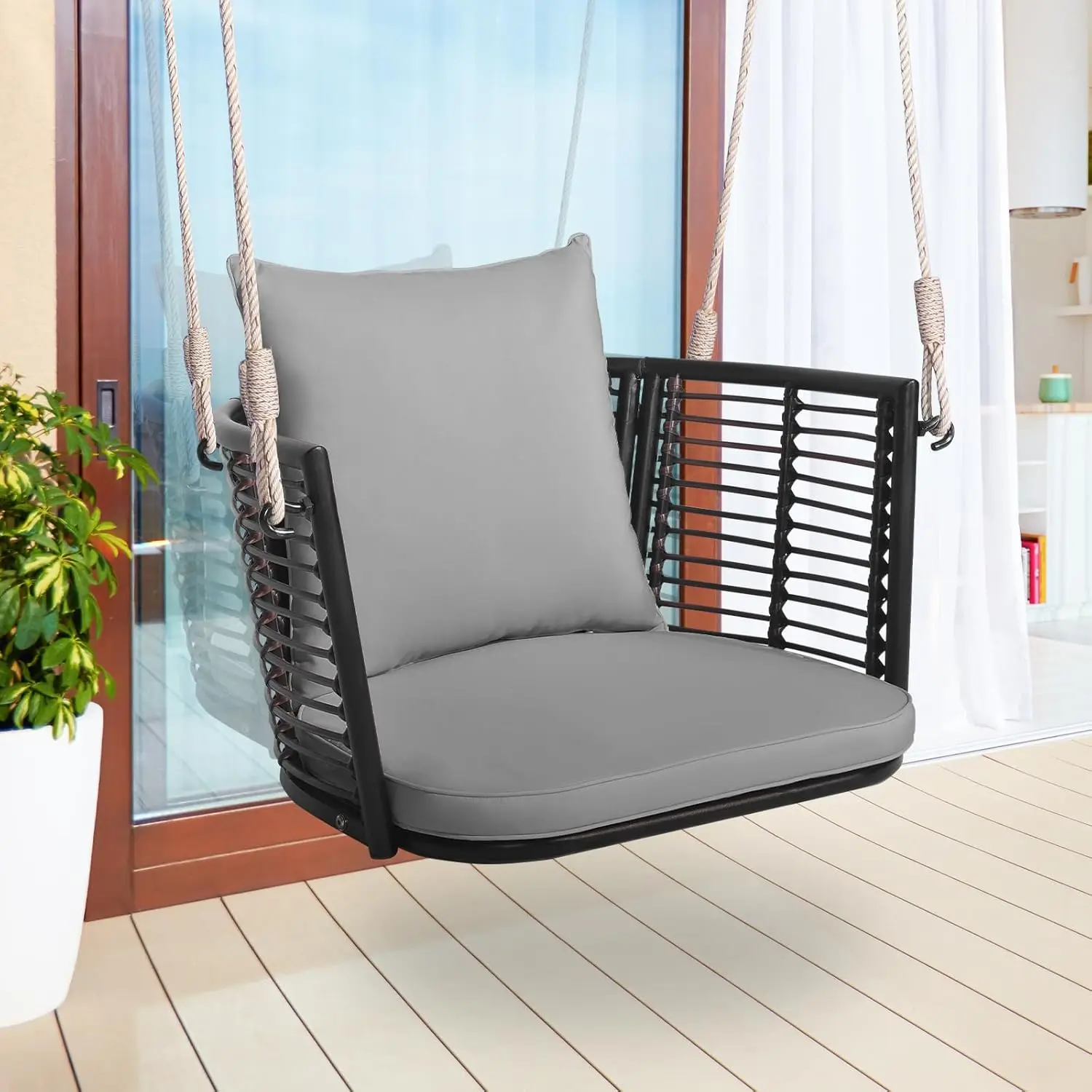 Rattan Backrest, 2 Sturdy Hanging Ropes, Seat & Back Cushions Included, Heavy-Duty Swing Chair for Front Porch, Backyard (Grey)