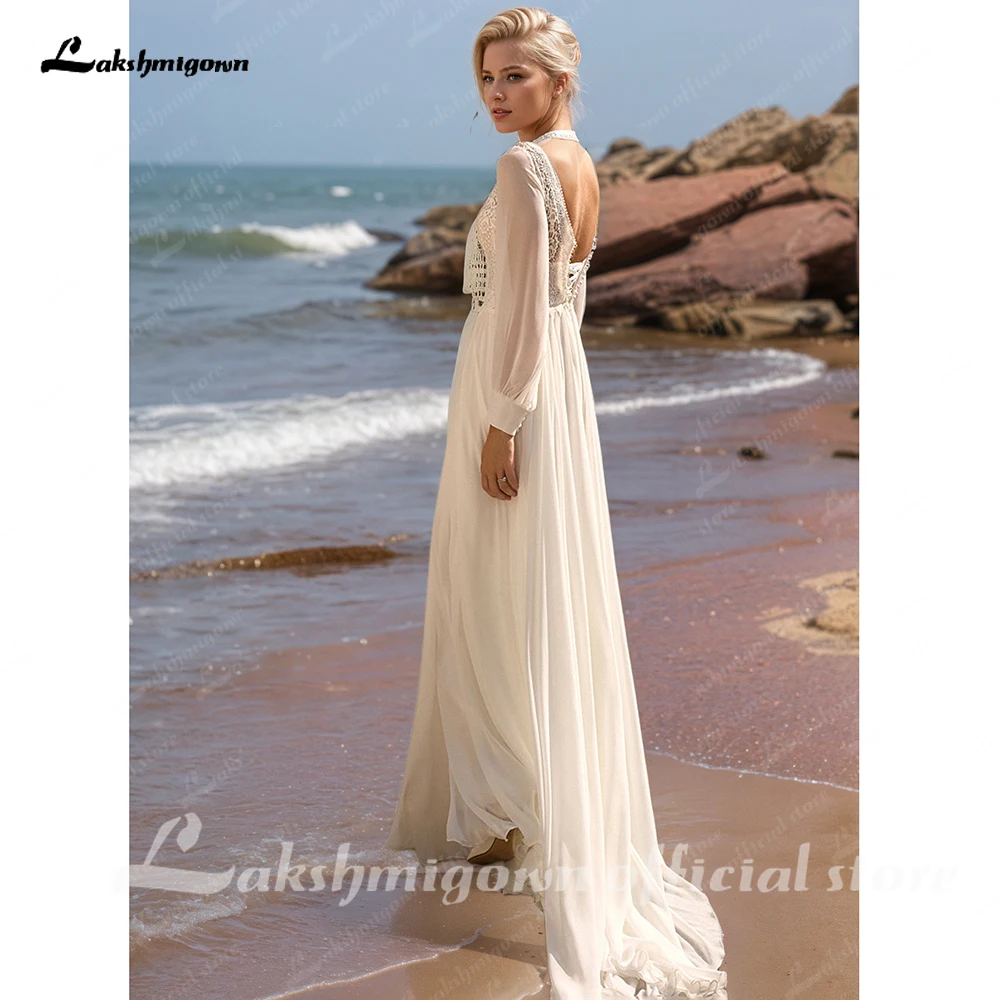 Lakshmigown A-Linien-Satin-Hochzeitskleider für die Braut, tiefer V-Ausschnitt, Perlenstickerei, rückenfrei, Schleppe, Brautkleider nach Maß – Detail 6