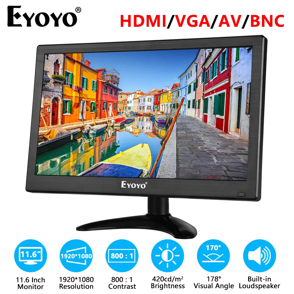 Eyoyo S116H HD 1920x1080 CCTV System Monitor 11.6 Inch IPS Screen With BNC Cable,Audio&Video External Display For PC DVD U-disk