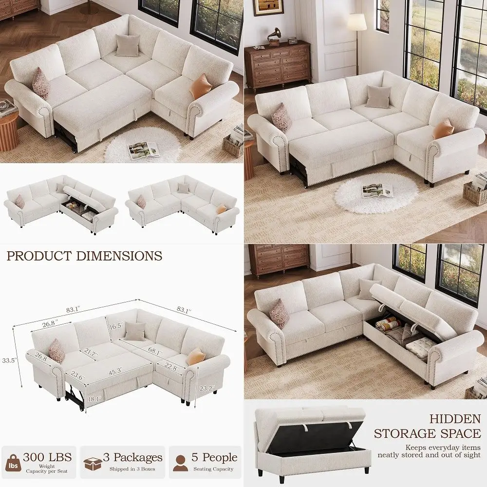 

Sectional Sofa Couch, 87 Sleeper Sofa Bed with Reversible Storage Chaise Pull Out Couch for Living Room Side Pocket Charging St