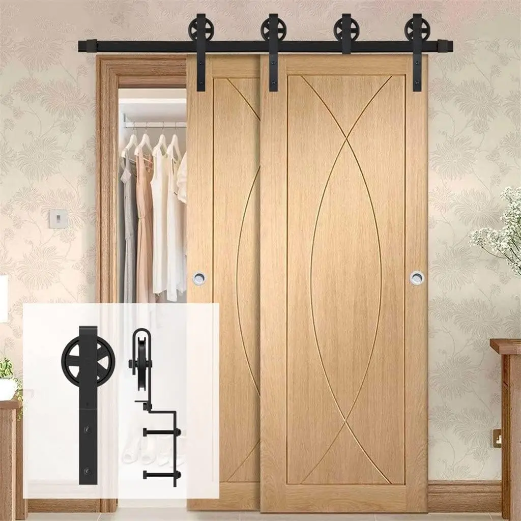 Modern 4-16Ft Sliding Barn Door Hardware Big Rollers Bent Hanger System For Double Doors (Color : Black, Size : 9Ft 2740Mm)