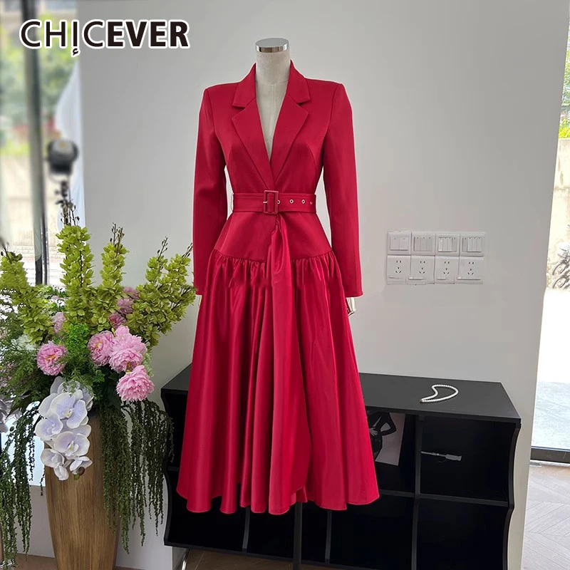 CHICEVER Elegant Spliced Belt Blazer Dresses For Women Notched Collar Long Sleeve High Waist Pleated Vintage Dress Female Autumn