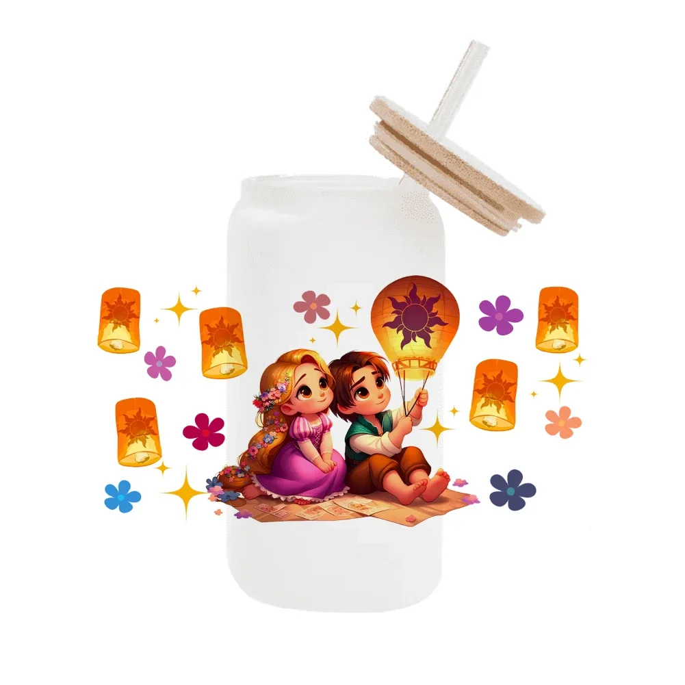 Disney-Princess Tangled UV Dtf Manquetas para tazas, Adesivos Descartáveis Resistentes à Abrasão, 16oz