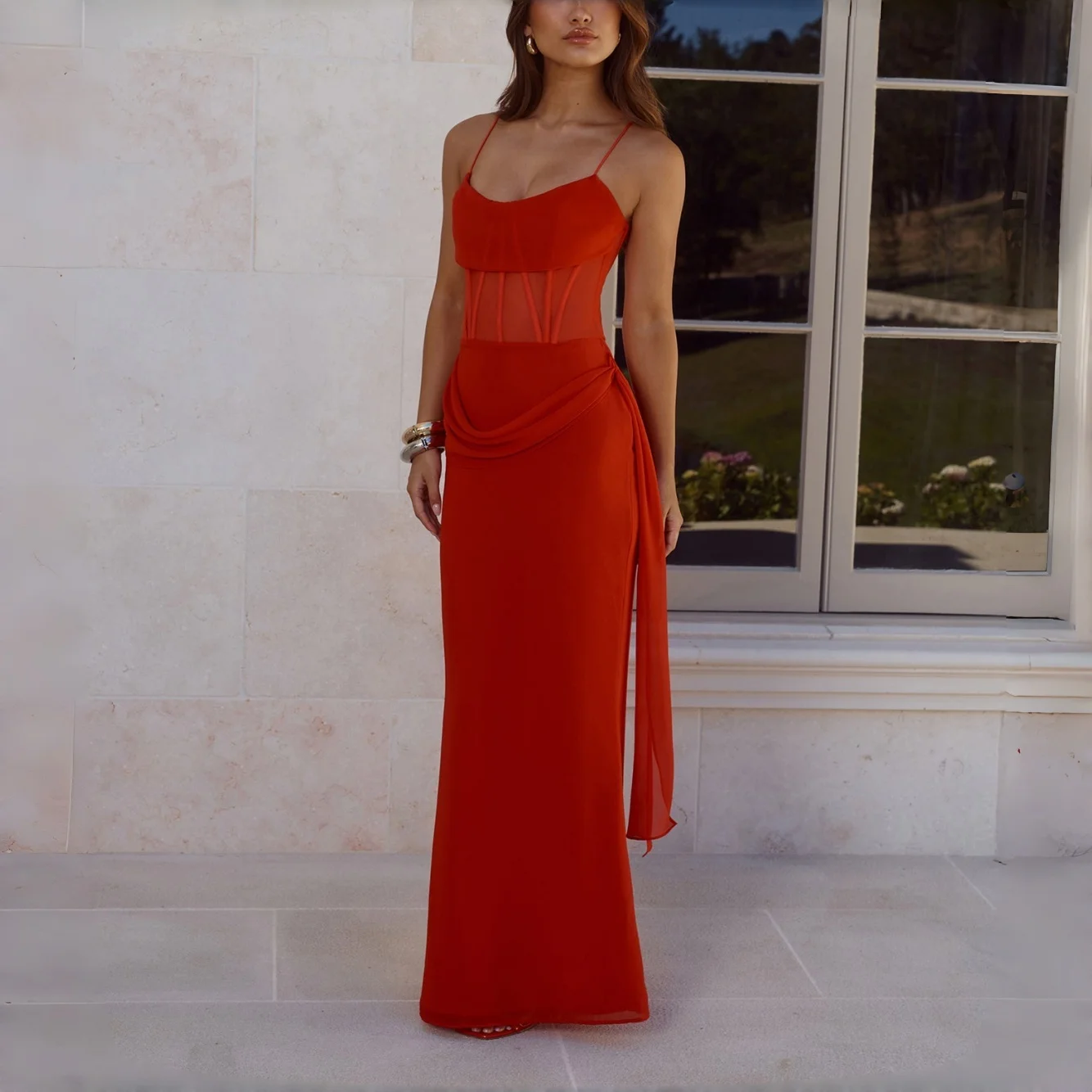 Red Spaghetti Strap Maxi Dress Mesh Corset Bodice Draped Chiffon Skirt Formal Evening Cocktail Party Bridesmaid Gown