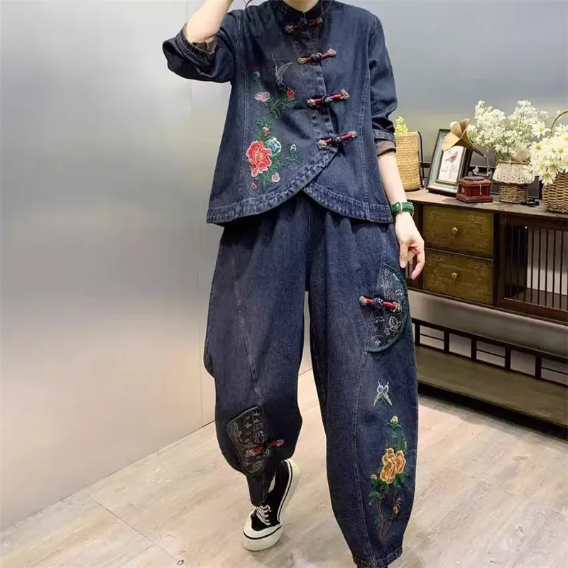 Retro Button Loose National Style Embroidery Flower Denim Fashion Suit Versatile Women's Two Piece Set 2024 Spring Autumn New