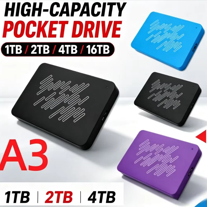 A3 Series New Portable USB3.0 SSD External Hard Drive, 500GB 1TB 2TB 4TB Black Solid State Disk for Gaming Console & Office Gift