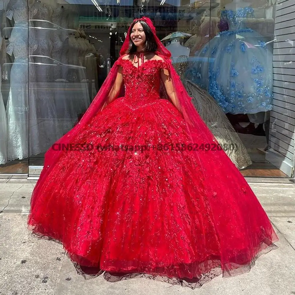 Vestido de baile rojo con hombros descubiertos, vestido de quinceañera Floral 3D con cuentas, princesa con capa, dulce 16