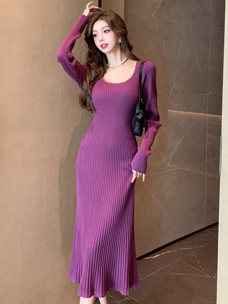 

Dresses Women 2023 Winter Knitted Dress Solid Slimming Vintage Dress Long Sleeved Streetwear Pullovers Warm Sweater G113