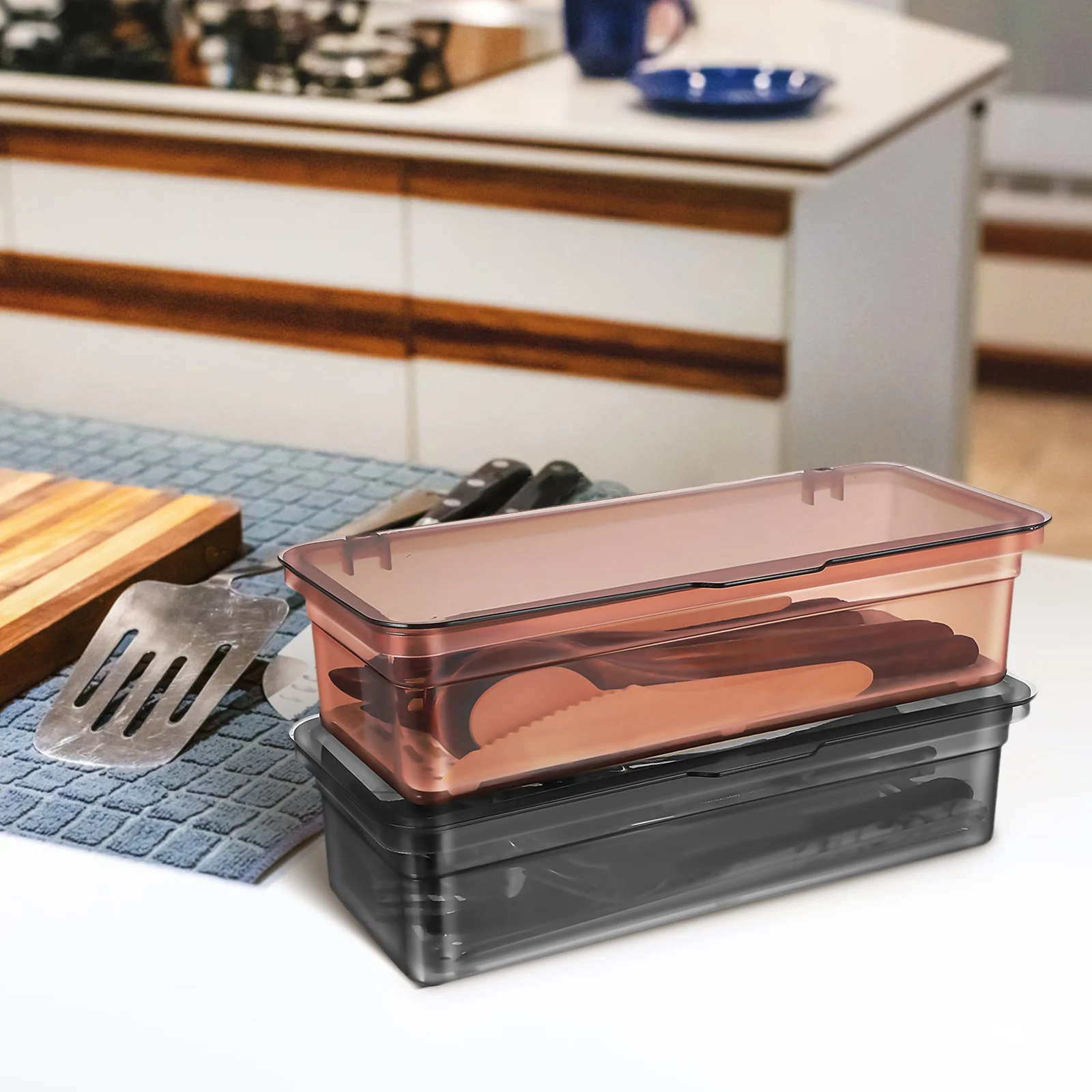 

2 pcs Silverware Organizer With Lid Plastic Utensil Storage Container Draining Board Dustproof Food-Grade Reusablekitchen