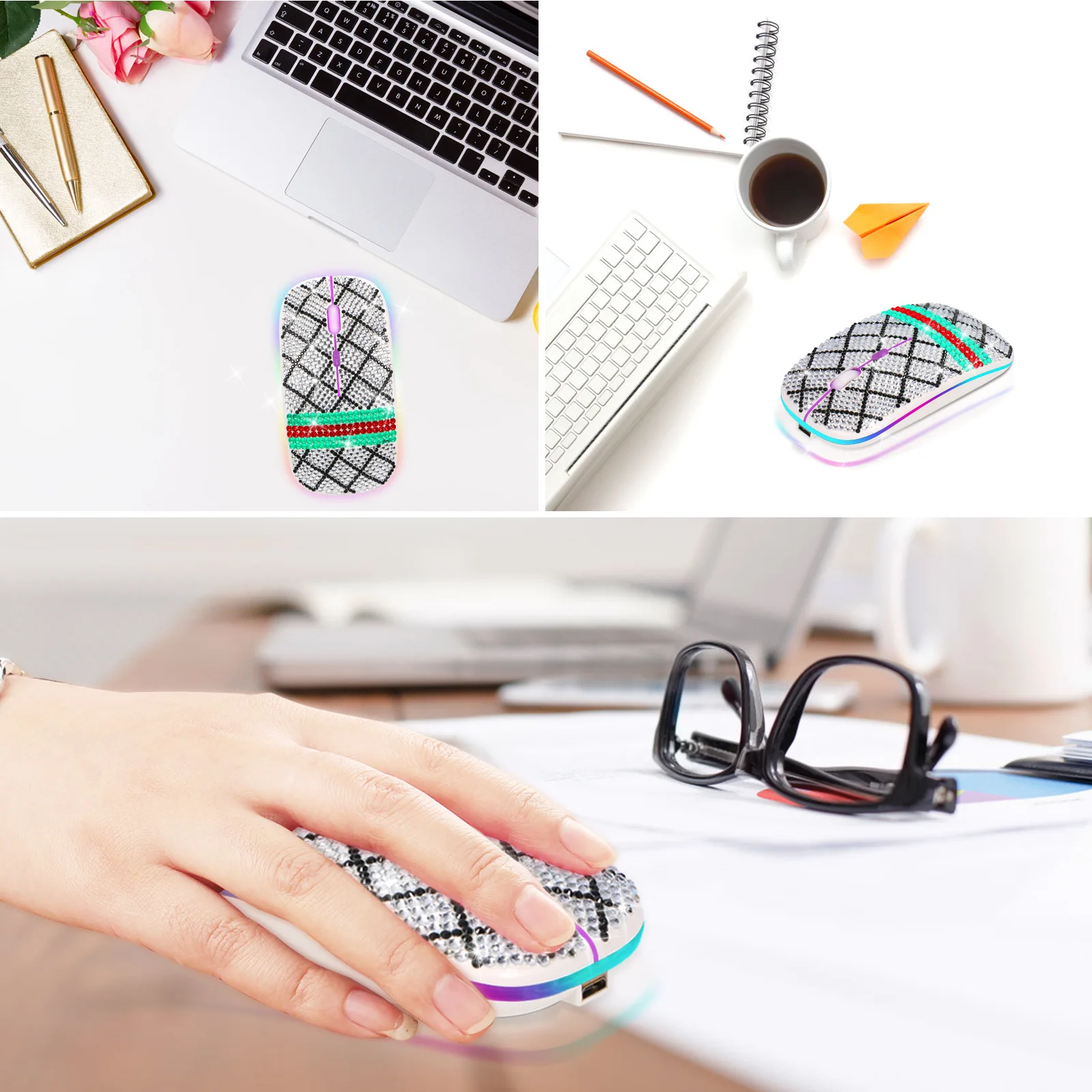 Venda quente silencioso mouse sem fio de modo duplo com luz respiratória de 7 cores, mouse transparente incrustado de diamante recarregável