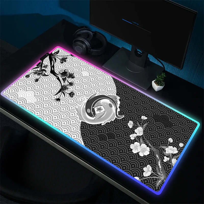 Коврик для мыши RGB Koi Taichi с подсветкой, Настольный коврик, большой игровой резиновый коврик для мыши, игровой нескользящий компьютерный ковер XL