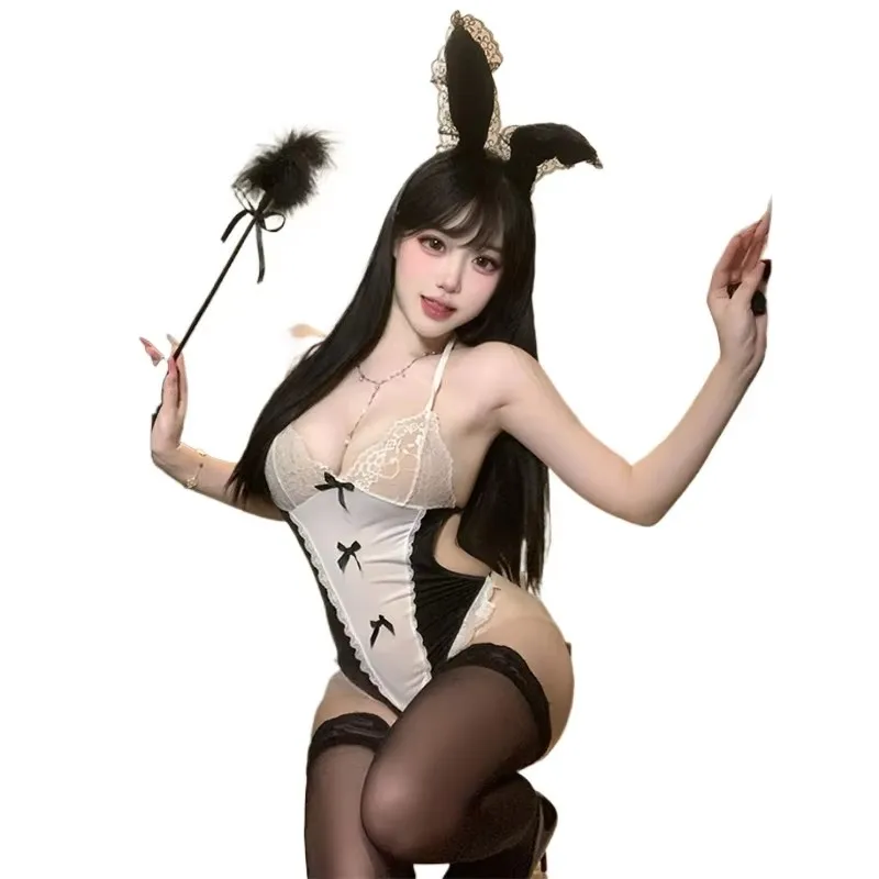 

Sexy Lace Bow Bunny Girl Uniform Role Play Perspective Bodysuit Rabbit Cosplay Costumes Lingerie Set Costume Nightclub Seduction
