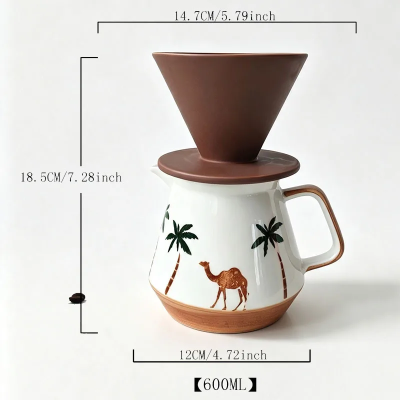 Ceramic Pour Over Coffee Set Underglaze Brown Dripper Camel Palm Pattern Home Coffee Maker Kit