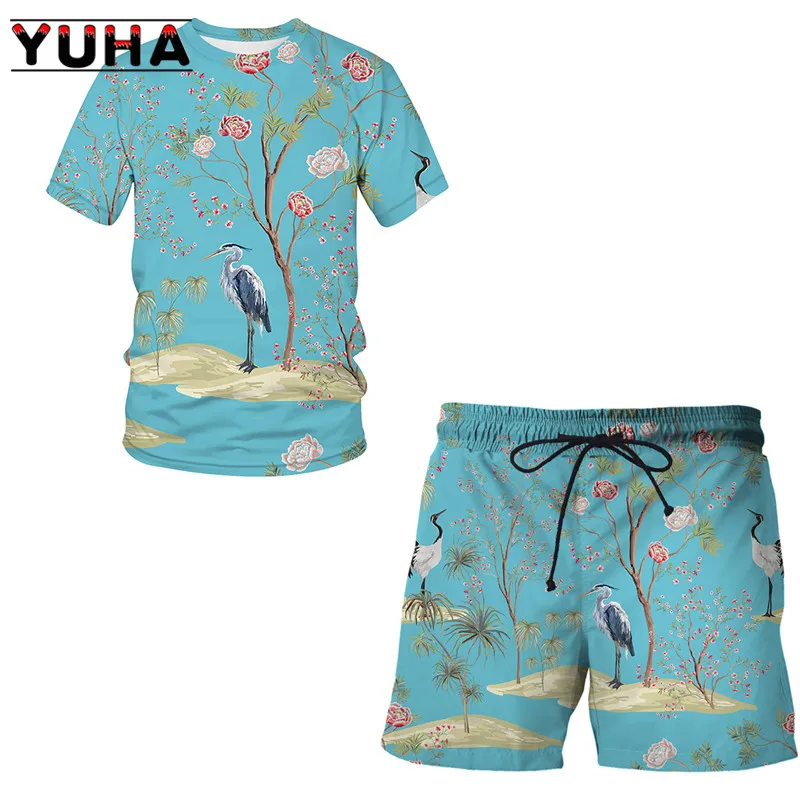 YUHA Summer Suit 3D Flower, bird and plant illustration T-Shirt Shorts Hip Hop Man / Woman Tops Clothes Children's Short Sleeve