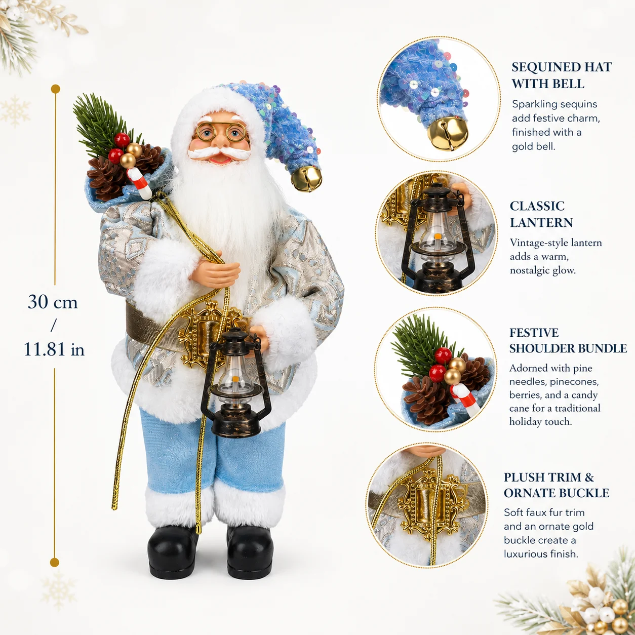 Christmas Santa Claus Figurine 30cm, Luxury Blue Santa Statue with Sequin Hat LED Lantern Pinecone Accent for Xmas Home Decor