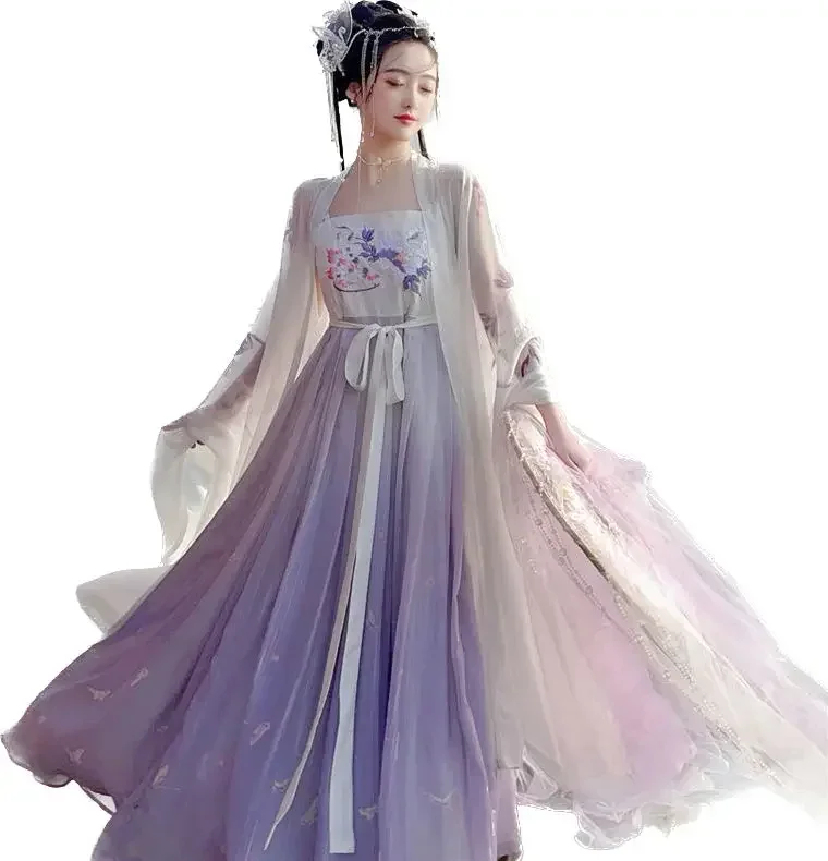 Hanfu ชุดเจ้าหญิงสีม่วงปักลายโบราณชุดคอสเพลย์ผู้หญิงแบบจีนดั้งเดิม2023ฤดูร้อน