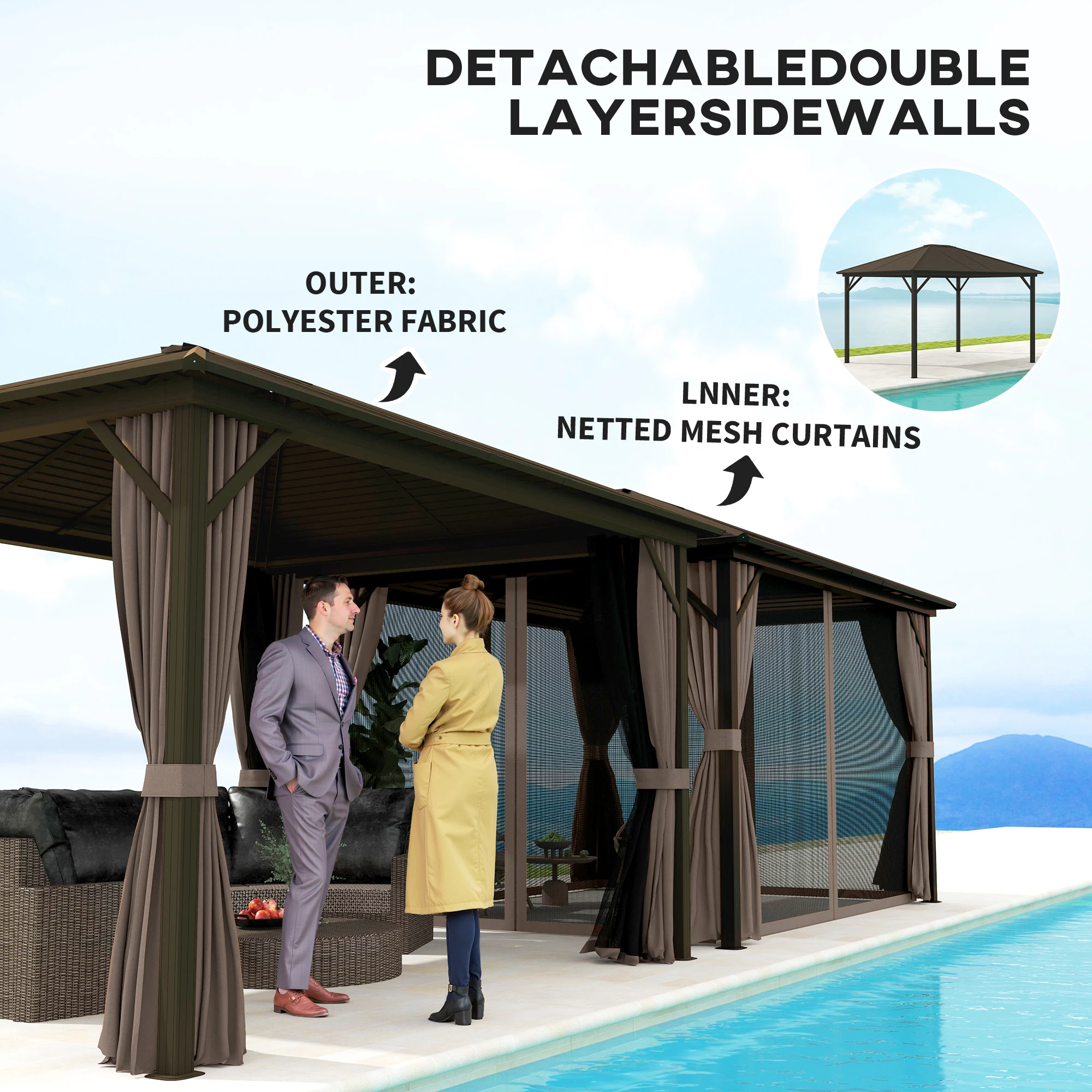 10' X 12' Hardtop Gazebo with Aluminum Frame, Permanent Metal Roof Gazebo Canopy with 2 Hooks, Curtains and Netting for Garden, Coffee image 5