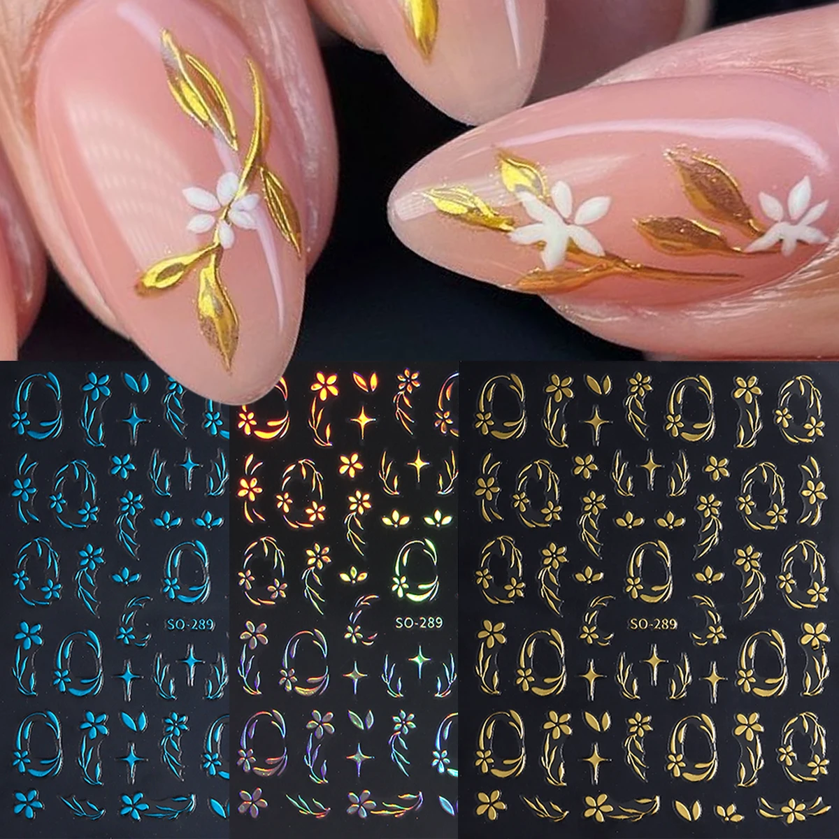 Pegatinas de uñas con lámina dorada, decoraciones de uñas florales metálicas autoadhesivas, decoraciones de uñas brillantes, pegatinas de uñas doradas con efecto láser