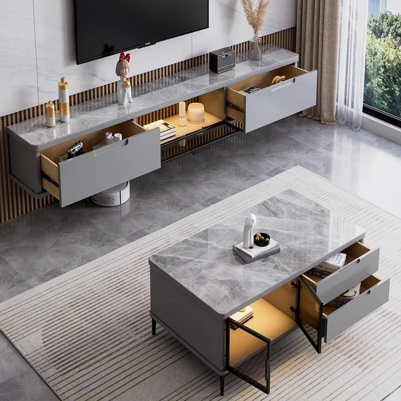 Modern Style Luxury Wood Marble Tv Stand and Coffee Table Set square for  Living Room Decor Rectangular Furniture Newest Design