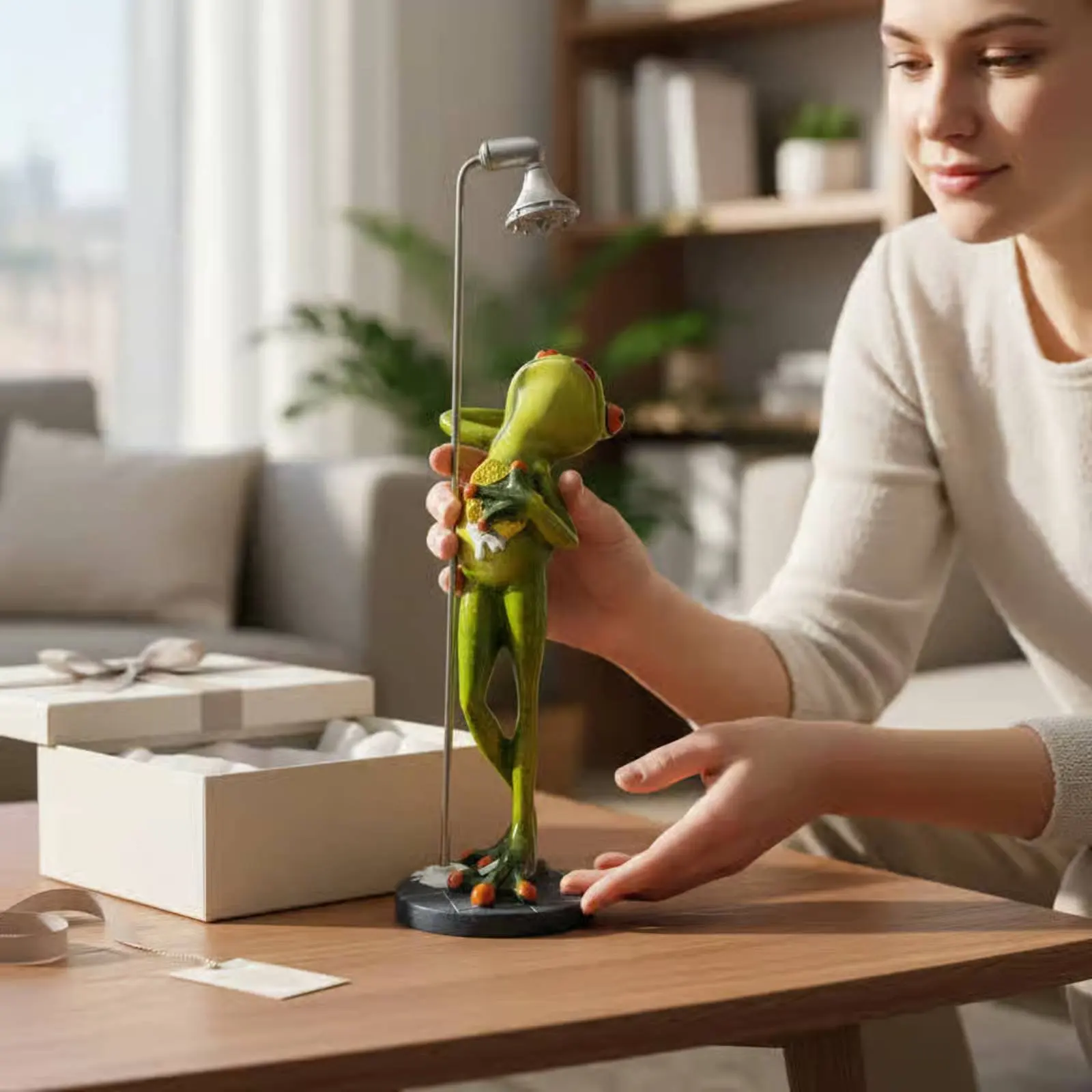 Showering Frog Statue Creative Design Bathing Frog Sculpture House Decoration Great Gift for Desktop, Bathroom