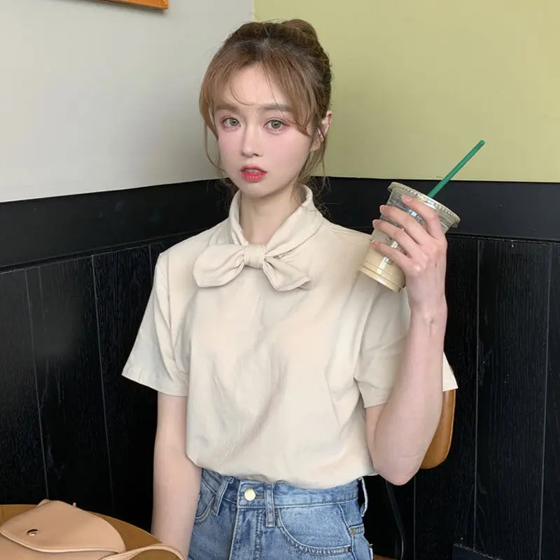 

Korea Short Sleeves T-Shirt Women Sweet Solid All-Match Summer Fashion Ulzzang Ladies Temperament Casual