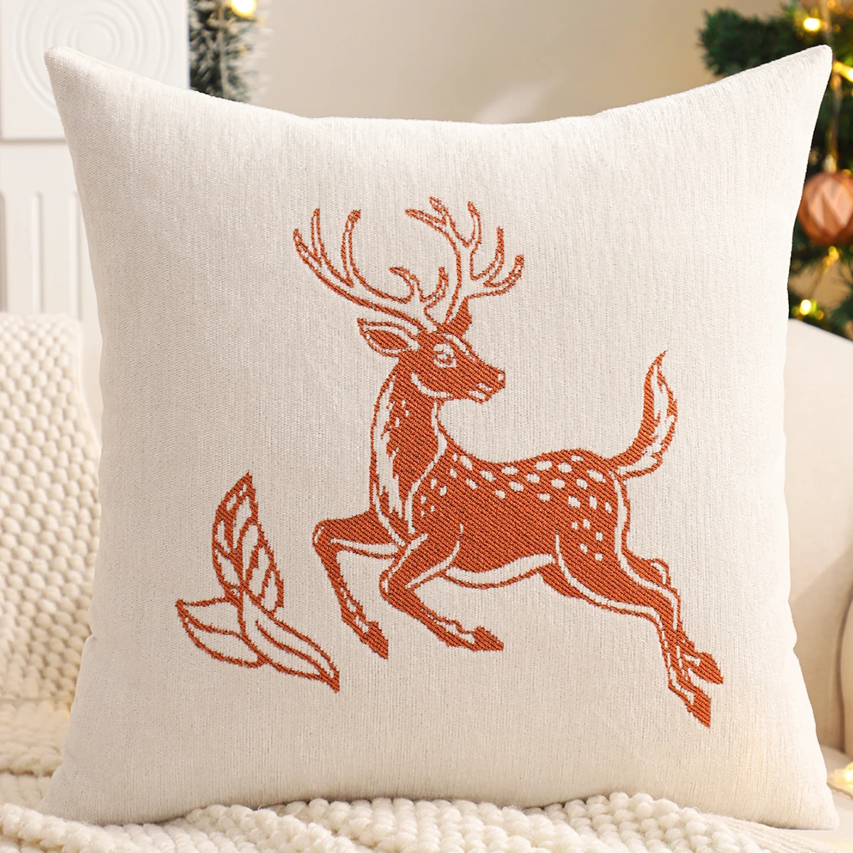 Embroidery Throw Pillow Cover Christmas Decoration Chenille Jacquard Reindeer Winter Farmhouse Home Sofa Living Room