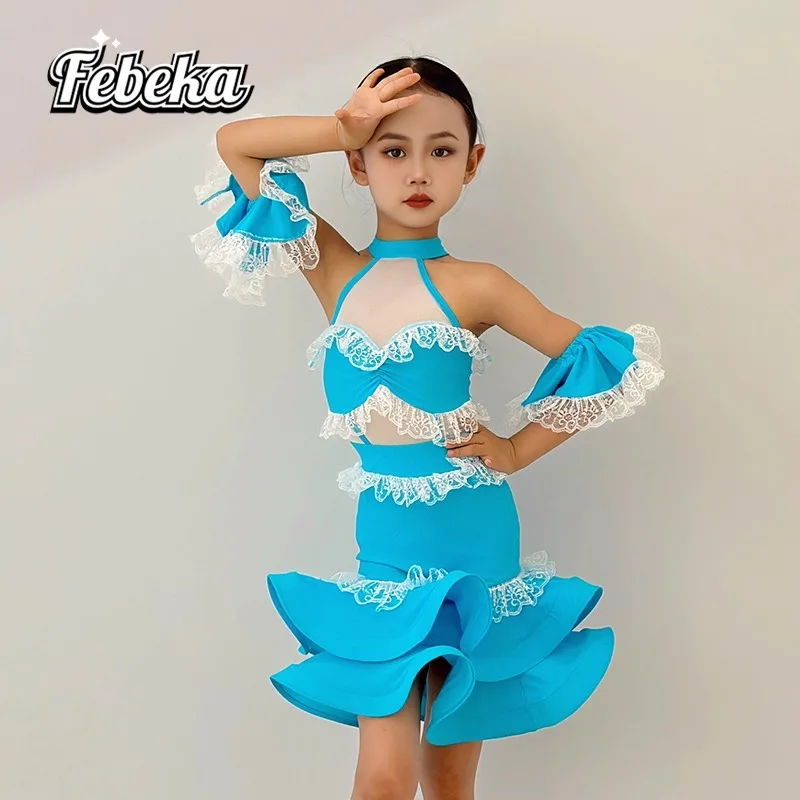 Robe de danse latine personnalisée pour filles, jupe d'entraînement, costume de performance de compétition pour enfants, robe fendue, ensemble 2 pièces