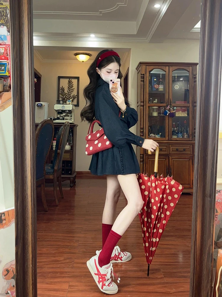 

Retro Denim Shirt Skirt Two-Piece Set Women's Design Slimming Gored Short Skirt Spring Fashion Casual Cotton Blend Long Sleeve