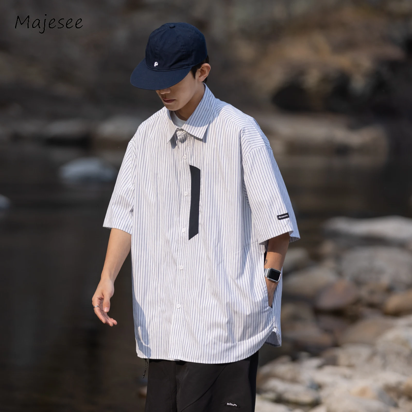 

Contrast Color Shirts Men Baggy Hong Kong Preppy Style Vitality Teenagers Daily Fashion All-match Comfortable Handsome Leisure