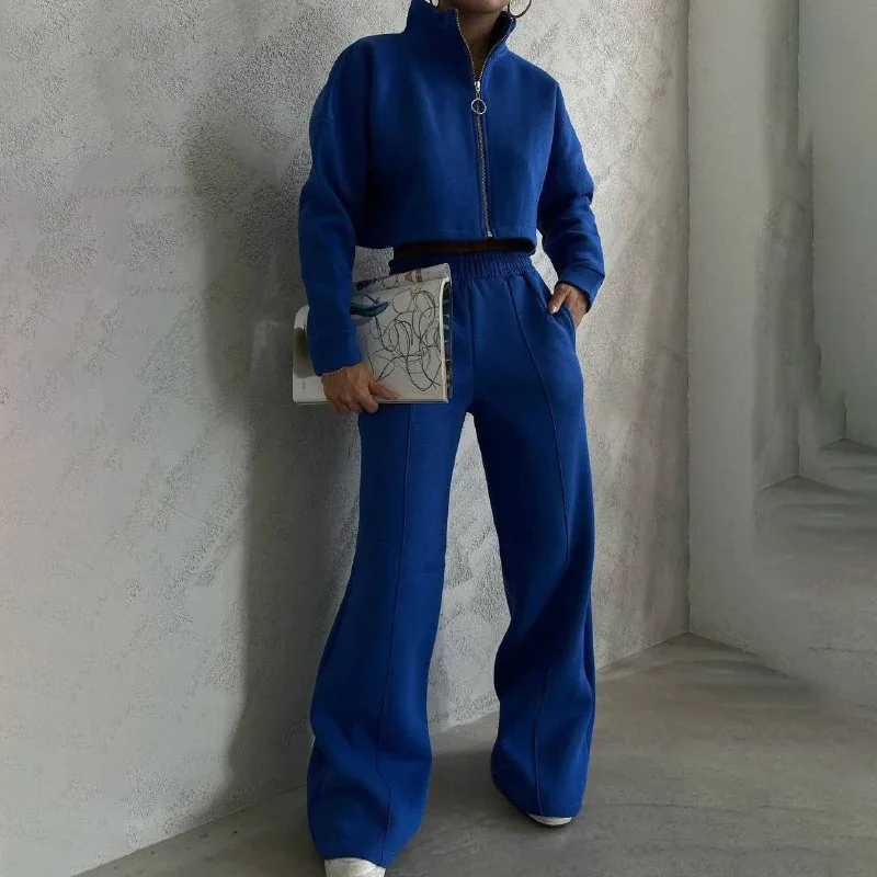 

Fashion Sports Suit Women Autumn Winter New Long Sleeved Stand-up Collar Zipper Sweatshirt High Waist Wide Leg Pants 2 Piece Set