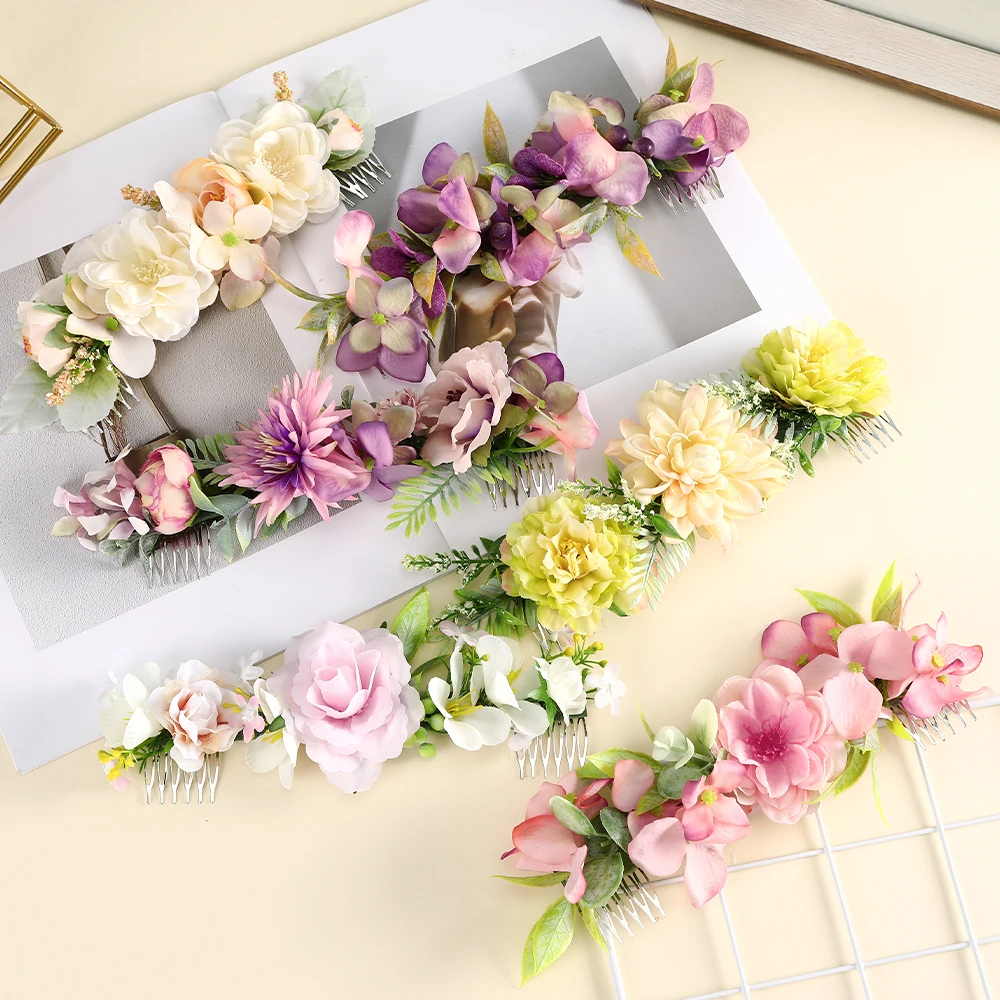 Bride Flower Hair Combs Wedding Headwear Romantic Rattan Floral Hairpin Hair Comb Clip Back of Head Women Hair Accessories