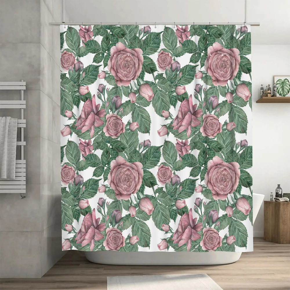 ستارة دش أنيقة بطبعة أوراق خضراء على شكل وردة مقاومة للماء لتزيين الحمام ديكور المنزل وردي 72 × 84 بوصة #3