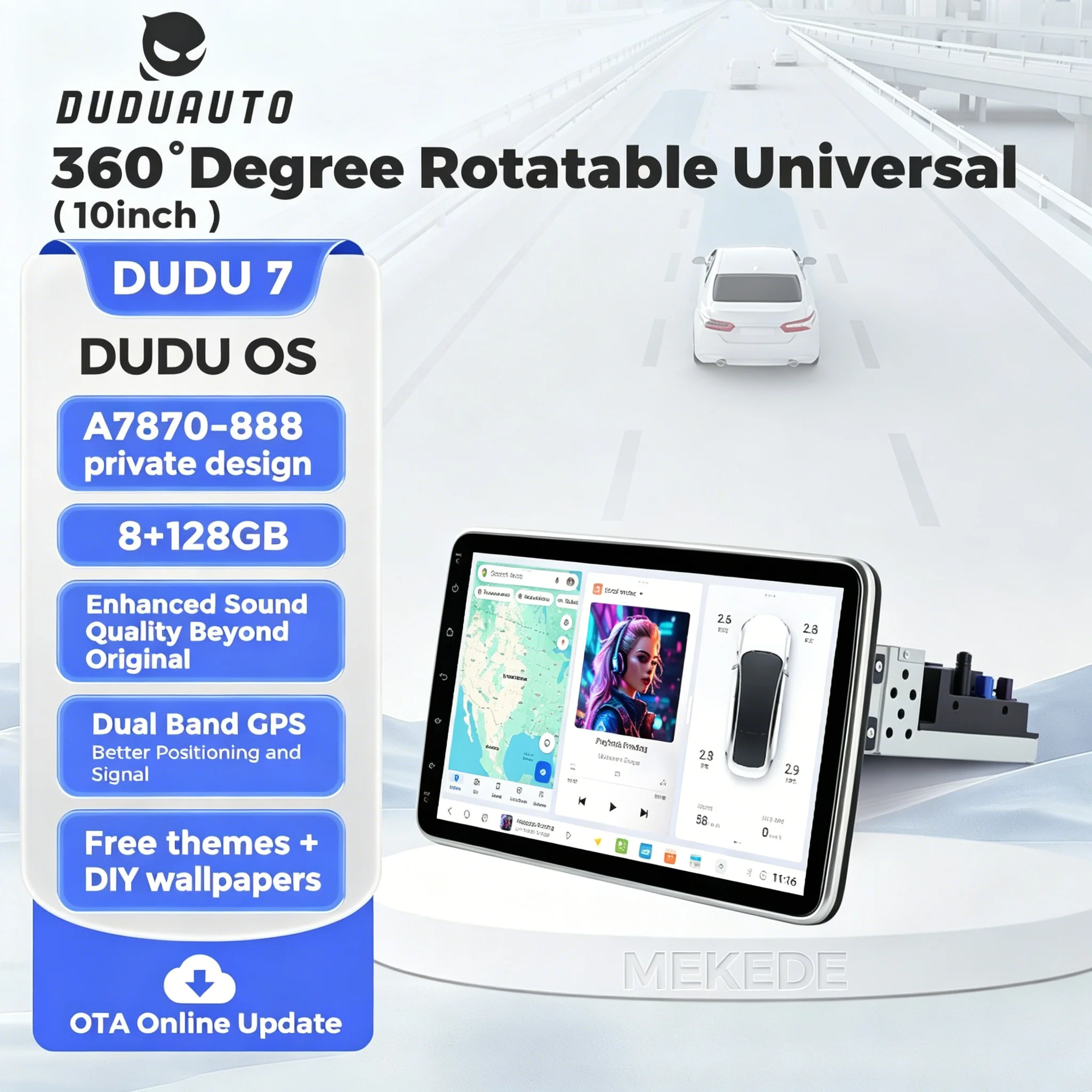 DUDUAUTO DUDU7 1 Din 360 ° Autoradio universale girevole con lettore multimediale, supporto per CarPlay wireless, Android Auto, DSP, 4G LTE, WIFI, spedizione UE