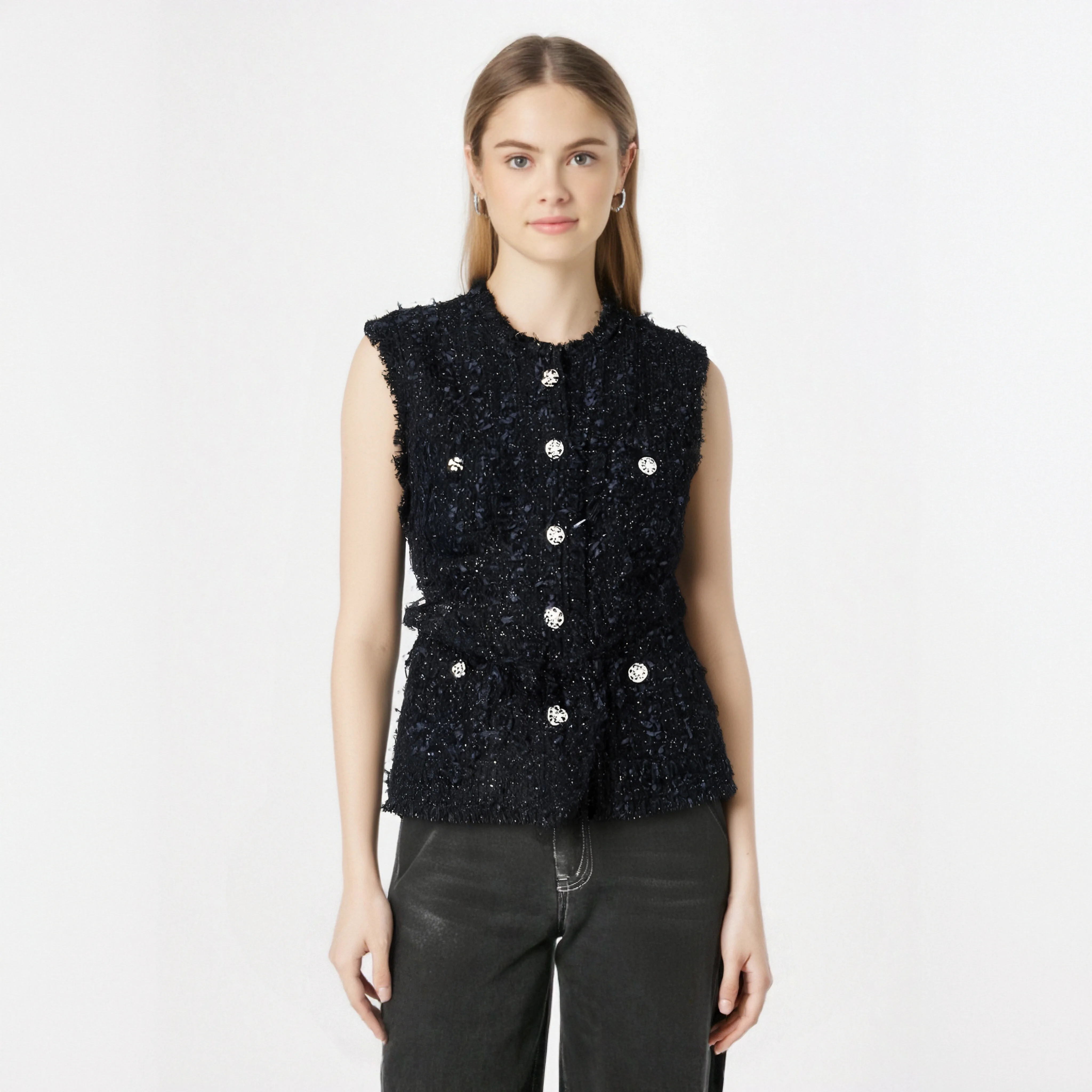 

Elegant Tassel Shoulder Cinched Vest Top Light Luxury Fashionable Small Fragrance Style Socialite Top for Women