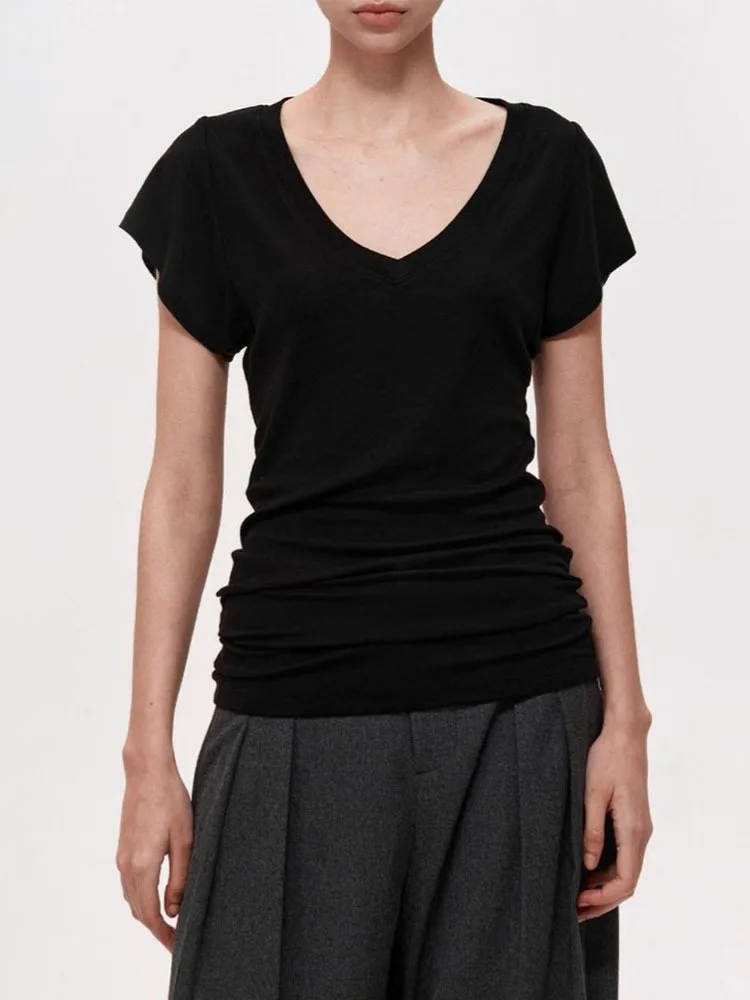 Dave&di Minimally Stacked Design, Big V-neck Short Sleeved T-shirt, Slim Fit, Exposed Collarbone Top T-shirt Woman