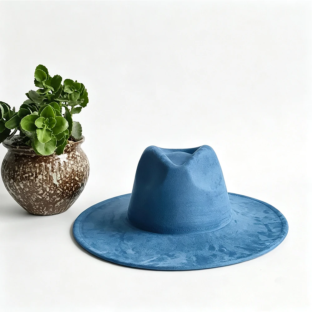 Modischer, einfarbig blauer Wildleder-Fedora-Hut mit breiter Krempe, klassischer Western-Jazz-Panama-Hut, leichter Mode-Accessoire-Hut für Damen im Alltag.