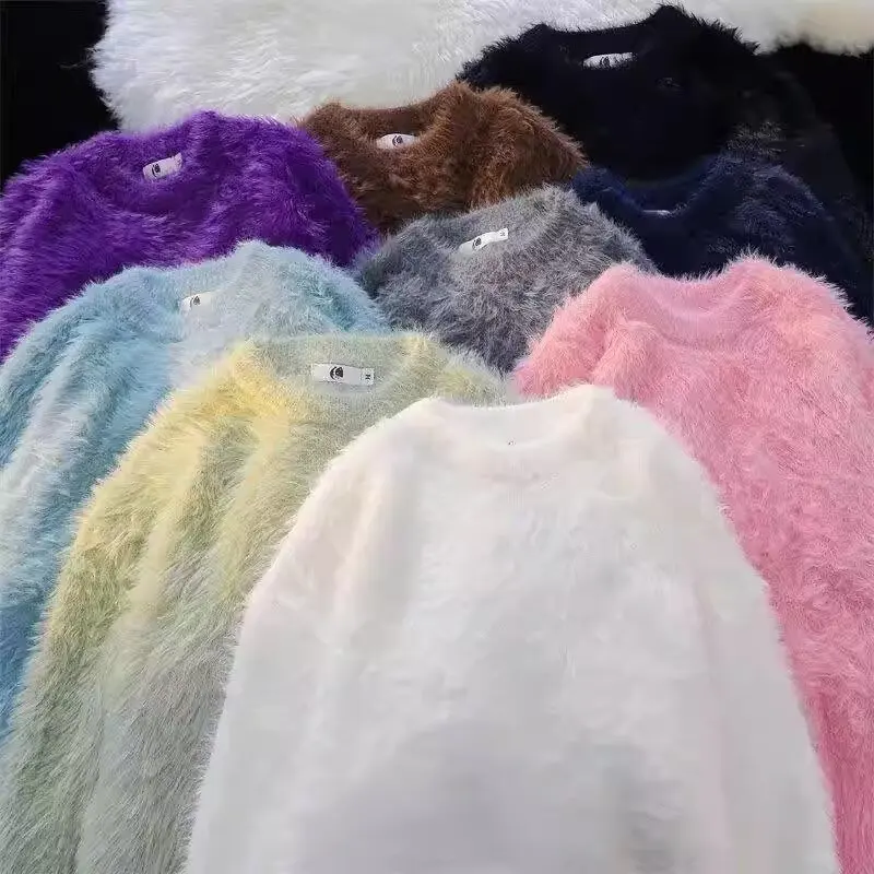 

Зимний меховой мягкий однотонный свитер с элитным ощущением, длинным рукавом, круглым вырезом, трикотажем и трикотажной одеждой для мужчин и женщин.