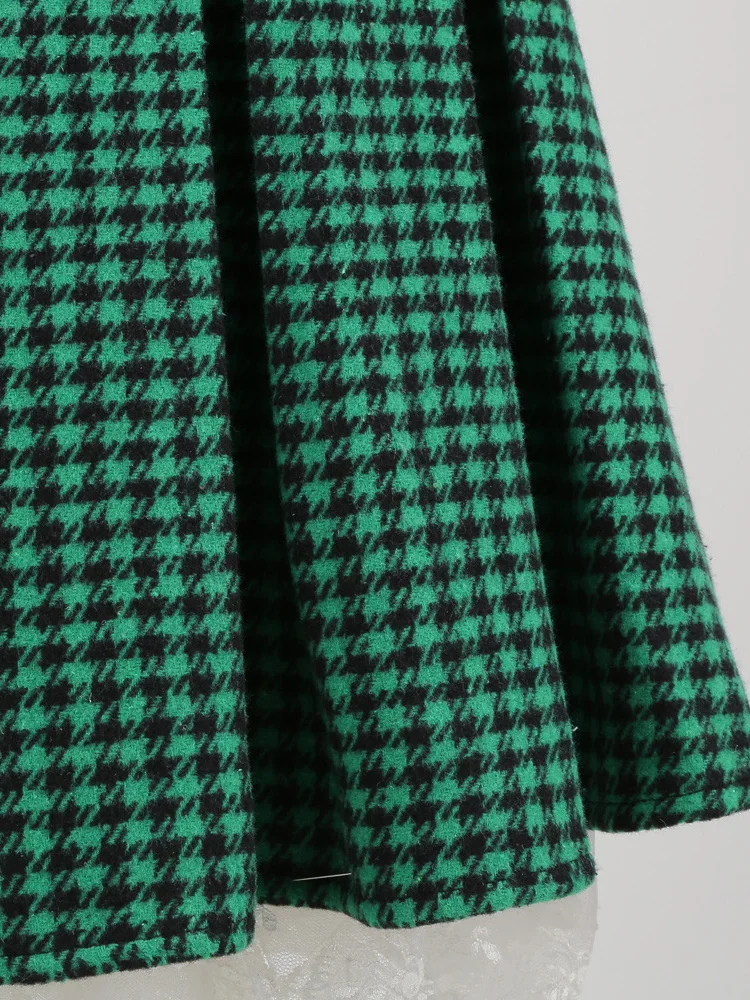 Tonval Green Houndstooth Plaid Vintage Pleated Skirts for Women 2023 Autumn Winter Elegant Knee Length Rockabilly Skirt